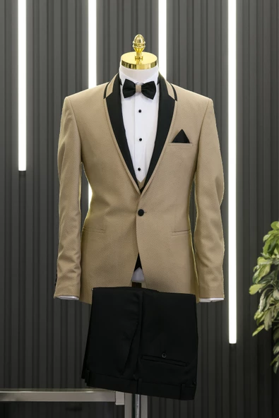 Slimfit Armürlü Şal Yaka Yelekli Papyonlu Smokin Takım Elbise - 3