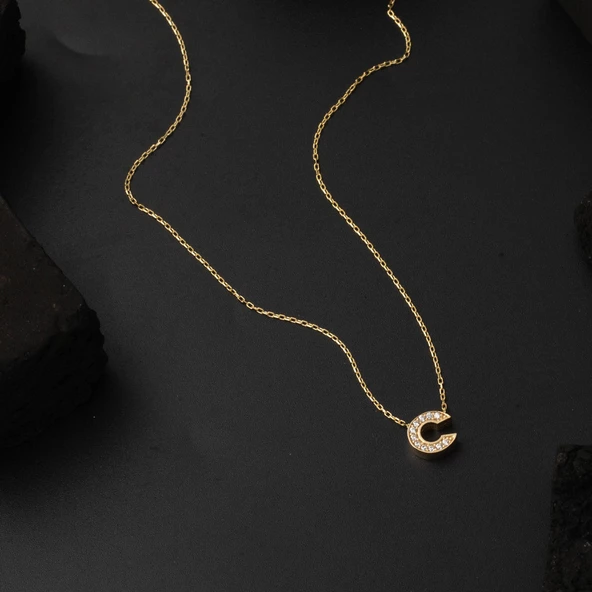 Taşlı C Harfli Minimal Harf Kolye Altın - Resim 4