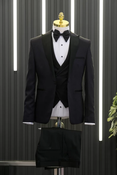 Slimfit (Skinny Kesim) Desenli Sivri Sabit Yaka Yelekli Papyonlu Smokin Takım Elbise - 2