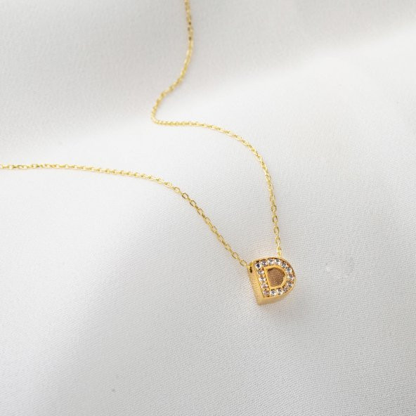 Taşlı D Harfli Minimal Altın Harf Kolye - Resim 3