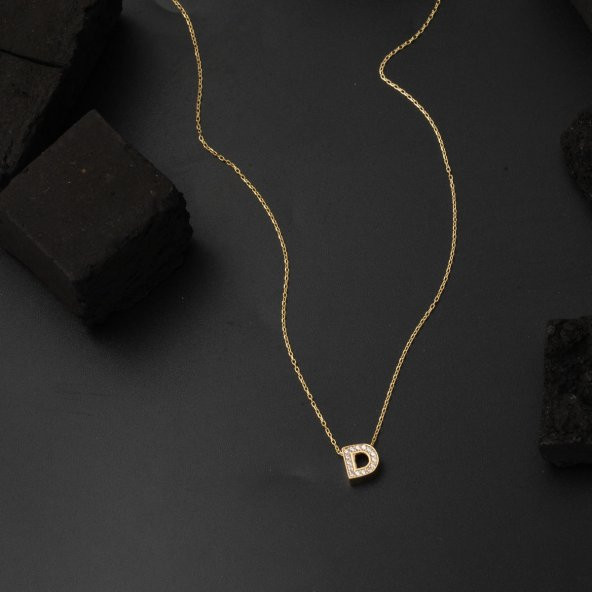 Taşlı D Harfli Minimal Altın Harf Kolye - Resim 4