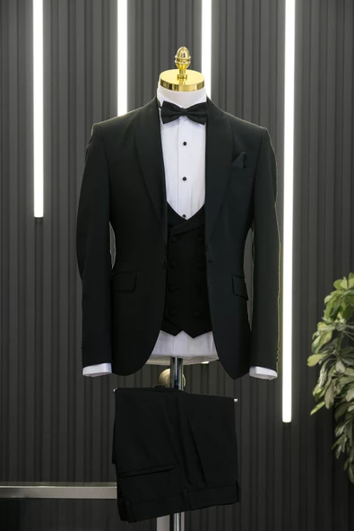Slimfit Armürlü Şal Yaka Yelekli Papyonlu Smokin Takım Elbise - 4