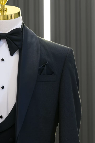 Slimfit Armürlü Şal Yaka Yelekli Papyonlu Smokin Takım Elbise - 3