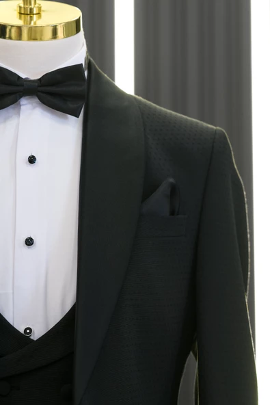 Slimfit Armürlü Şal Yaka Yelekli Papyonlu Smokin Takım Elbise - 6
