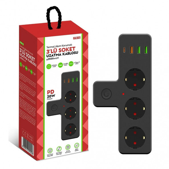 Zuidid FTR-12 3lü Termal Akım Korumalı Priz 3 USB  1 Type-C 20W PD Giriş - 4