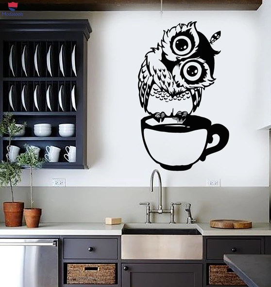 Kahve Barları Duvar Sticker Komik Karikatür Baykuş Bir Fincan Çay Kahve Mutfak Çıkartmaları