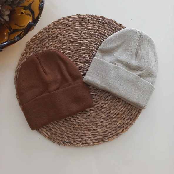 MARS BABY Kız Erkek Unisex Çocuk Kahverengi Taba Bej Triko Düz Katlamalı Bere