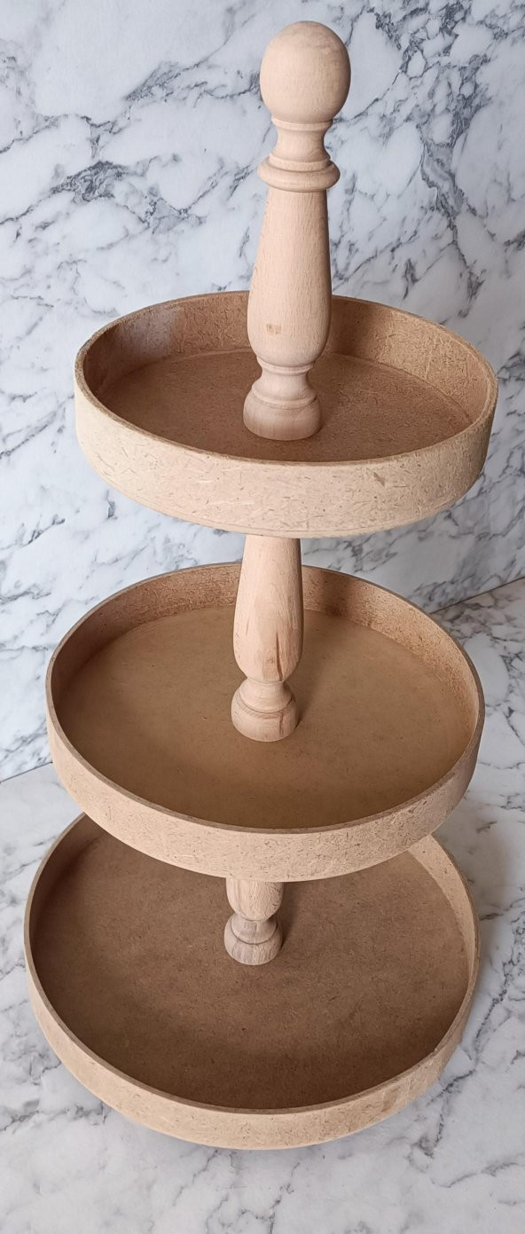 Hobi Adn 90196 3 KAT Sunumluk Set Çerez Meyve Pasta Ahşap MDF Kayın HAM El Yapım - 2