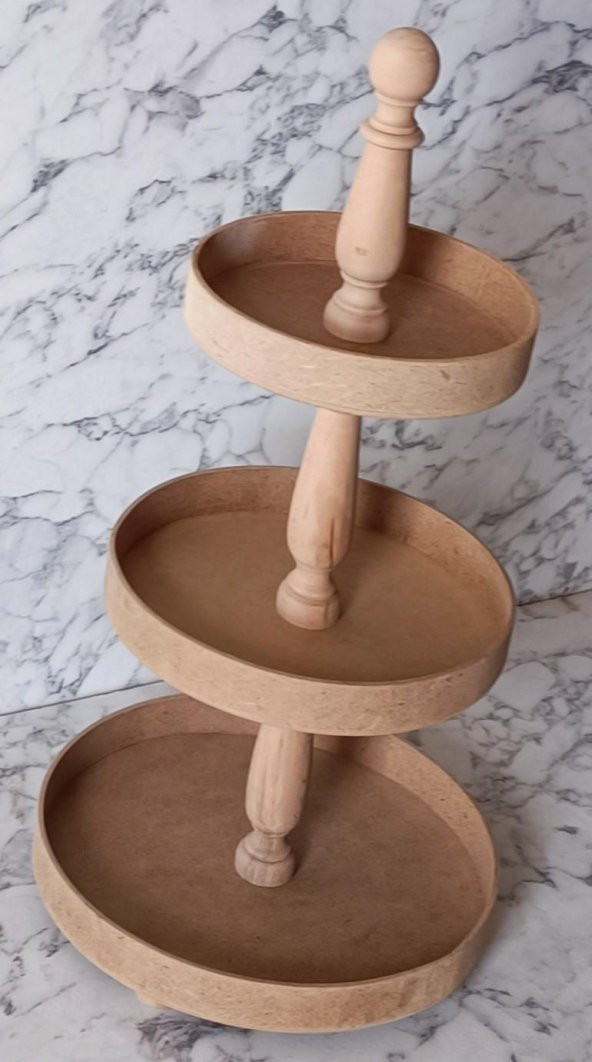 Hobi Adn 90196 3 KAT Sunumluk Set Çerez Meyve Pasta Ahşap MDF Kayın HAM El Yapım - 7