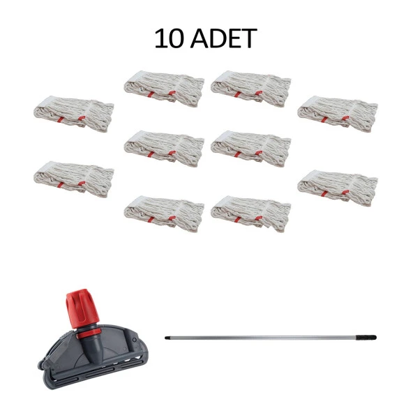 Cod-Ex Dar Yedek Islak Mop Takımı - 10 Adet Beyaz 450 Gr. 17 Cm. Islak Mop + Metal Sap + Mop Tutucu - Resim 2