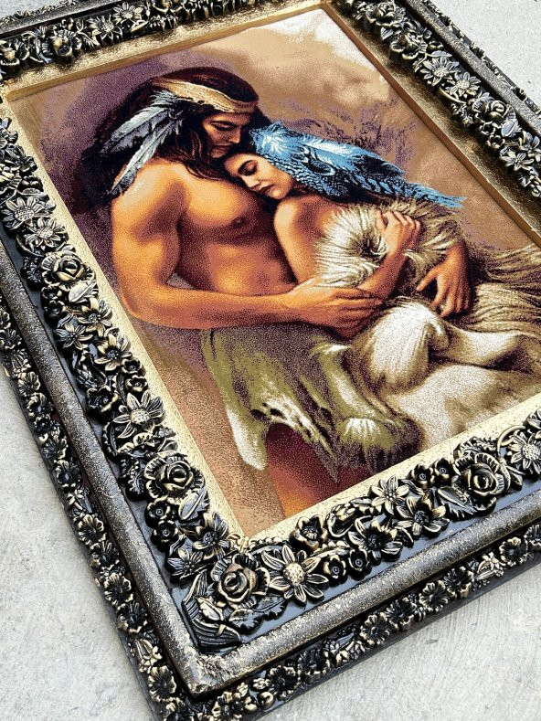 Siyular Kızılderili Aşıklar Adlı İran Tebriz Halı Tablo 95x75cm - Duvar Halı Kilim Tablo - 2