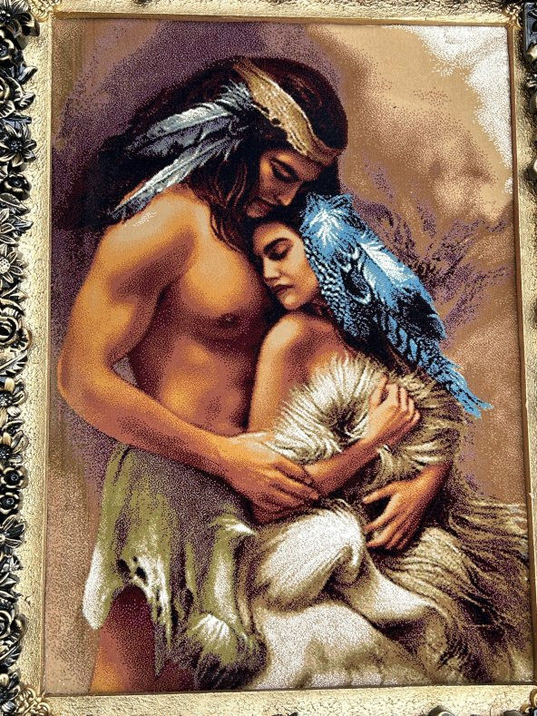 Siyular Kızılderili Aşıklar Adlı İran Tebriz Halı Tablo 95x75cm - Duvar Halı Kilim Tablo - 3