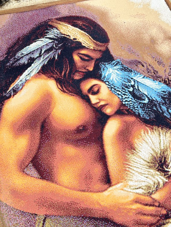 Siyular Kızılderili Aşıklar Adlı İran Tebriz Halı Tablo 95x75cm - Duvar Halı Kilim Tablo - 4