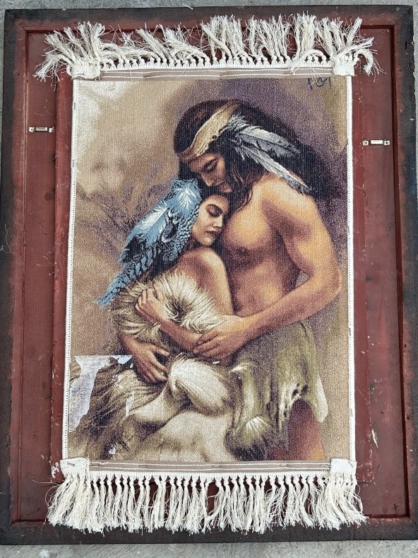 Siyular Kızılderili Aşıklar Adlı İran Tebriz Halı Tablo 95x75cm - Duvar Halı Kilim Tablo - 6