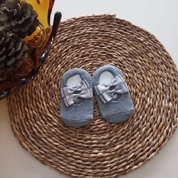MARS BABY Kız Bebek Gri Fiyonklu Babet Çorap