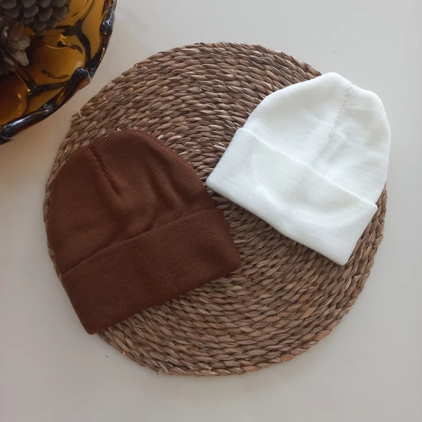 MARS BABY Kız Erkek Unisex Çocuk Kahverengi Krem Triko Düz Katlamalı Bere