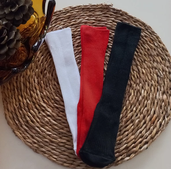 MARS BABY Kız Bebek Beyaz Kırmızı Siyah 3lü Düz Dizaltı Çorap ürün görseli 1