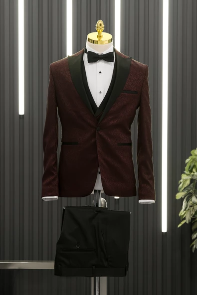 Slimfit (Skinny Kesim) Şal Desenli Sivri Sabit Yaka Yelekli Papyonlu Smokin Takım Elbise - 2