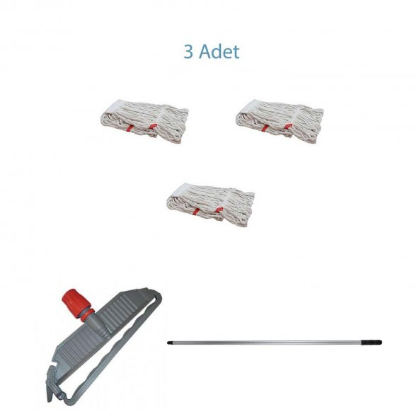 Cod-Ex Geniş Islak Paspas Mop Takımı Seti - 3 Adet Geniş Islak Mop Başlığı  + Metal Sap + Mop Tutucu - 2