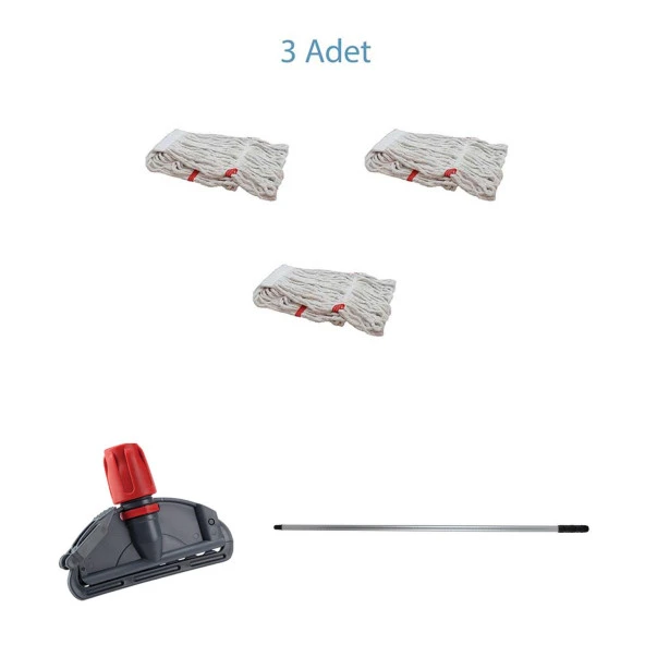 Cod-Ex Dar Yedek Islak Mop Takımı - 3 Adet Beyaz 450 Gr. 17 Cm. Islak Mop + Metal Sap + Mop Tutucu - 2