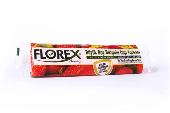 Florex 60 Litre Büzgülü Çilek Kokulu Kırmızı Çöp Torbası Poşeti / 65 x 70 Cm. - 10 Adetlik 1 Rulo
