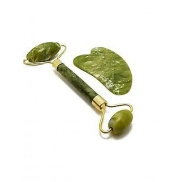 Orijinal Yeşim Taşı Çift Taraflı Jade Roller & Gua Sha Yüz ve Vücut Yenileme ve Masaj Seti