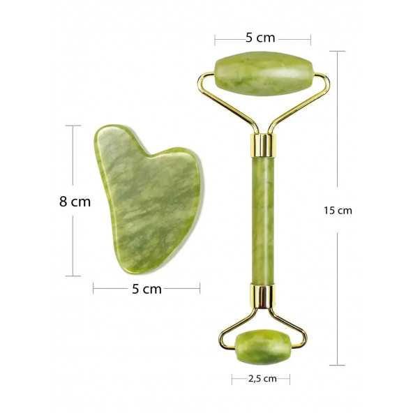Orijinal Yeşim Taşı Çift Taraflı Jade Roller & Gua Sha Yüz ve Vücut Yenileme ve Masaj Seti - 7
