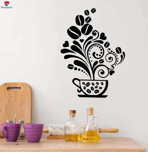 Kahve Barları Duvar Sticker Çiçek Sanatı Kahve Çekirdekleri Bardaklar Cafe Mutfak Çıkartmaları ürün görseli 1