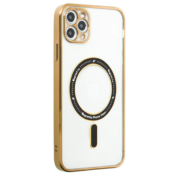 iPhone 11 Pro Max Kılıf Magsafe Özellikli Gold Seri Lazer Silikon Kapak - 5