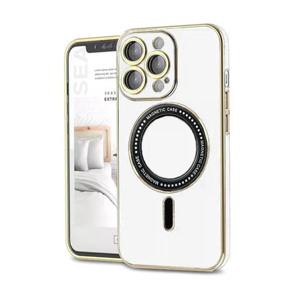 iPhone 13 Pro Kılıf Magsafe Özellikli Gold Seri Lazer Silikon Kapak - 10