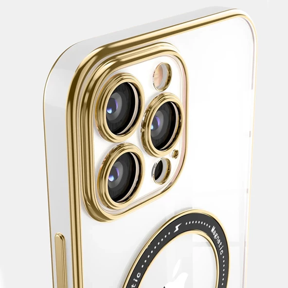iPhone 13 Pro Max Kılıf Magsafe Özellikli Gold Seri Lazer Silikon Kapak - 10