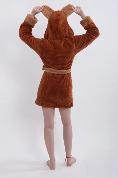 Fleece | Wellsoft Peluş Sabahlık | Robdeşambr | Kapşonlu Bornoz Kahve - 3