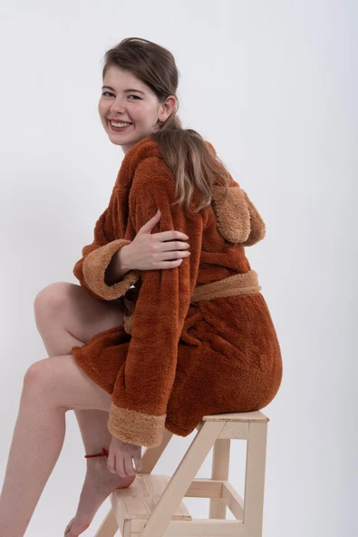 Fleece | Wellsoft Peluş Sabahlık | Robdeşambr | Kapşonlu Bornoz Kahve - 4