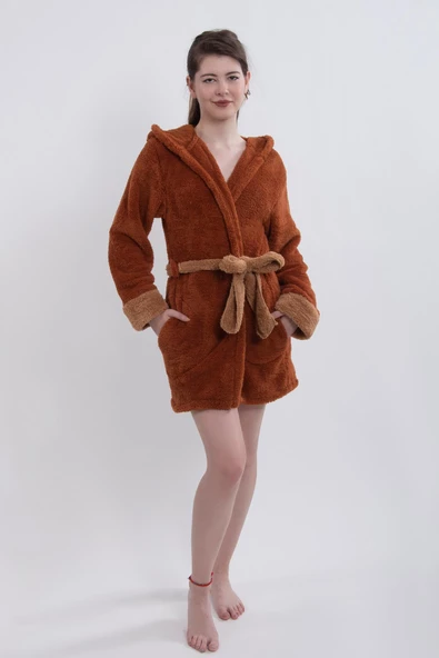 Fleece | Wellsoft Peluş Sabahlık | Robdeşambr | Kapşonlu Bornoz Kahve - 2