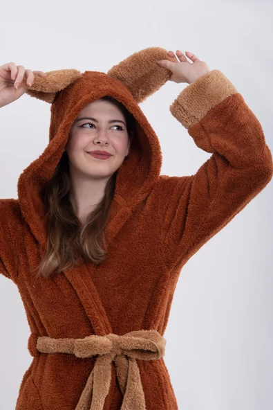 Fleece | Wellsoft Peluş Sabahlık | Robdeşambr | Kapşonlu Bornoz Kahve - 5