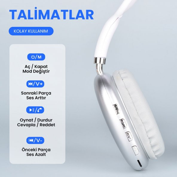 KNY P9 Ayarlanabilir Renkli Kulak Üstü Bluetoothlu Kulaklık Gri - 2