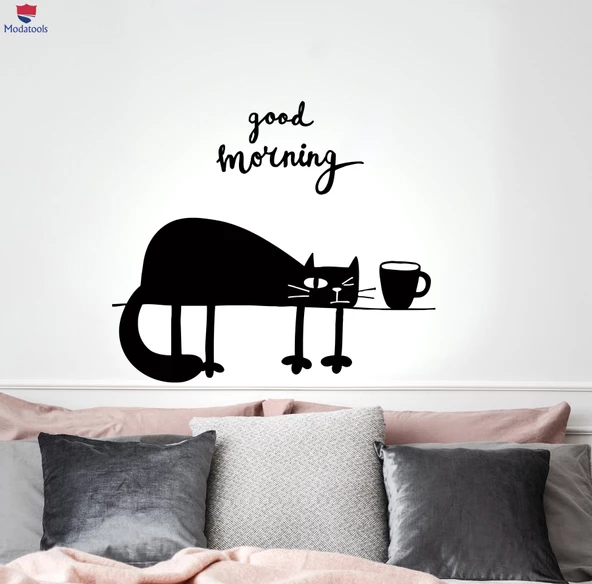 Duvar Sticker Komik Kedi Evcil Hayvan Kahve Günaydın Yazı Kahve Barları Sticker
