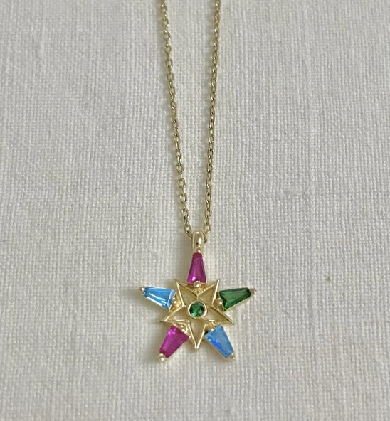 Renkli Taşlı Yıldız Altın Kolye - Resim 1