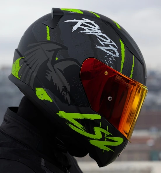 LS2 Rapıd 2 Raven Neon Sarı Kapalı Motosiklet Kaskı Kırmızı Camlı - 3