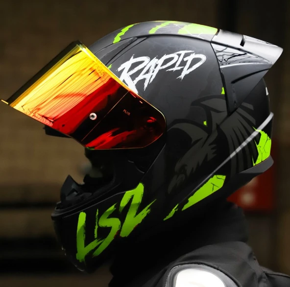 LS2 Rapıd 2 Race Raven Neon Sarı Kapalı Motosiklet Kaskı Kırmızı Camlı - 2