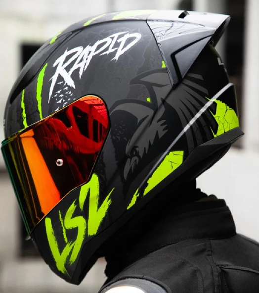 LS2 Rapıd 2 Race Raven Neon Sarı Kapalı Motosiklet Kaskı Kırmızı Camlı - 4
