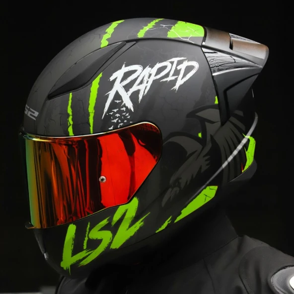 LS2 Rapıd 2 Race Raven Neon Sarı Kapalı Motosiklet Kaskı Kırmızı Camlı