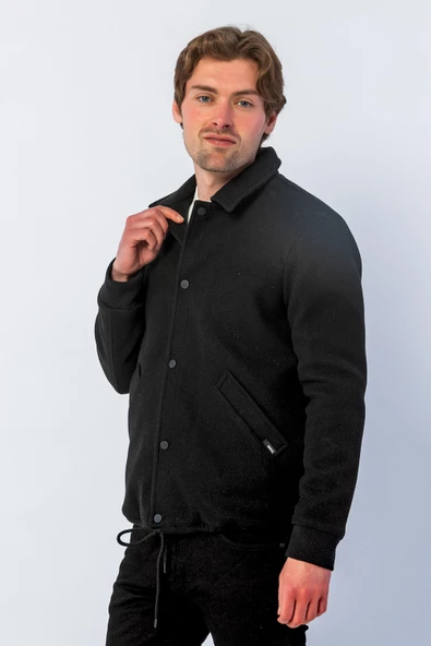 Erkek Regular Fit Çıt Çıtlı Gömlek Yaka Cepli Kışlık Astarlı Kaşe Mont - 3