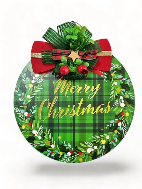 Bebeloya Yeşil Zeminli Baskılı Merry Christmas Kapı Süsü - Noel Hediyelik