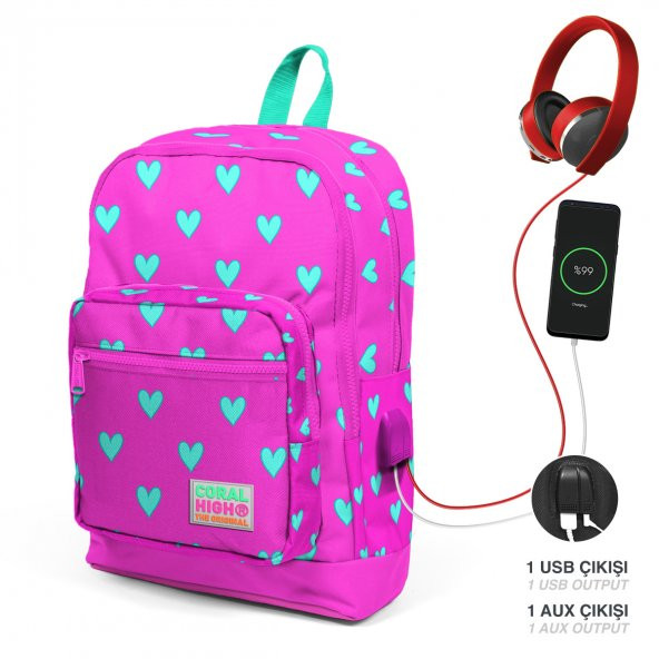 Coral High Kids Neon Pembe Su Yeşili Kalp Des. 4 Bölme USB Şarj Kulaklık Çıkışlı Okul Çantası 23277