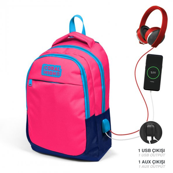 Coral High Kids Neon Mercan Lacivert Üç Bölmeli USB Şarjlı Kulaklık Çıkışlı Okul Sırt Çantası 24306