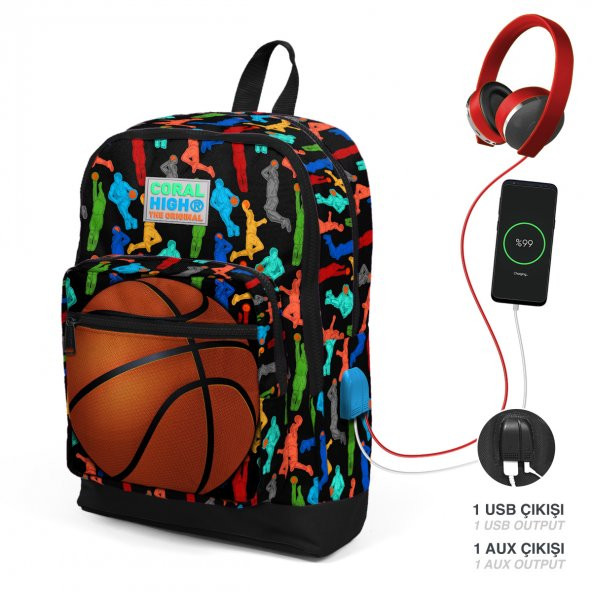 Coral High Kids Siyah Basketbol Desenli Dört Bölmeli USB Şarjlı Kulaklık Çıkışlı Okul Çantası 23281