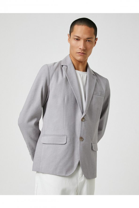 Basic Blazer Ceket Geniş Yaka Düğmeli Cep Detaylı - 2