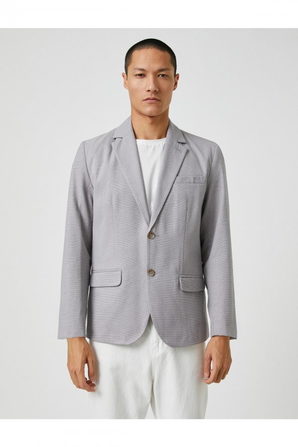 Basic Blazer Ceket Geniş Yaka Düğmeli Cep Detaylı - 3