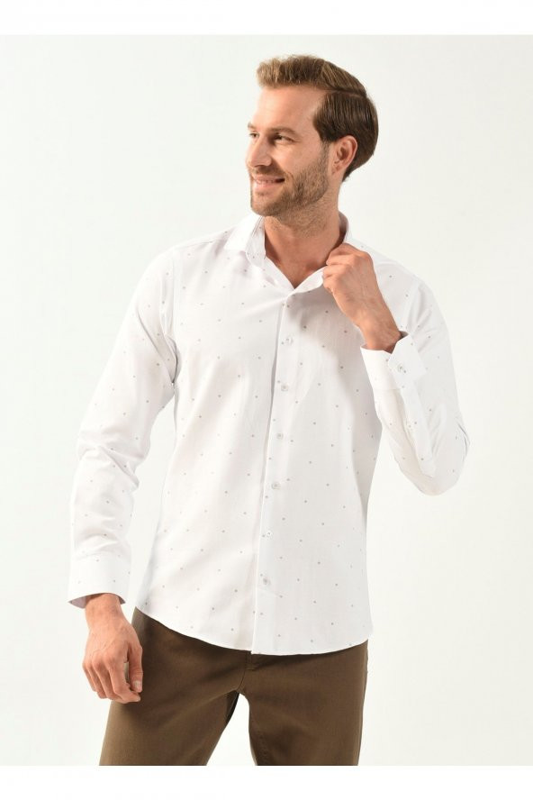 Klasik Yaka Baskılı Bej Erkek Gömlek Gm2025500405 - Resim 2